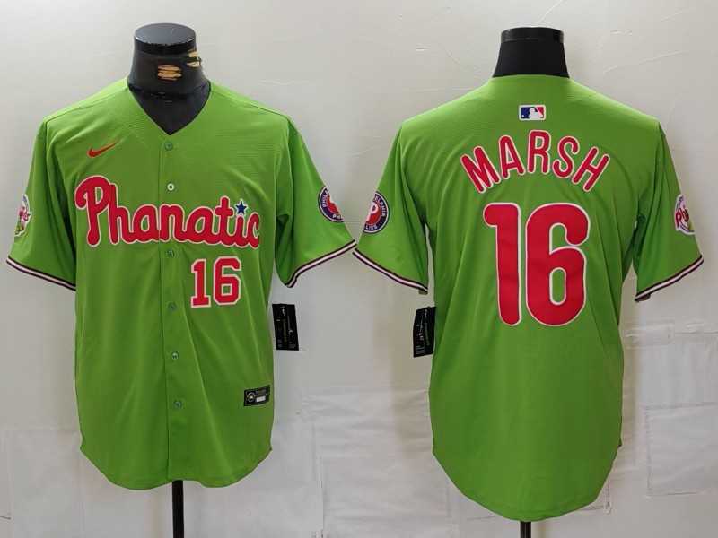 Men%27s Philadelphia Phillies #16 Brandon Marsh Number Green With Patch Stitched Cool Base Nike Jersey